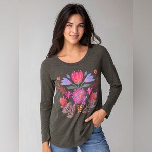 Natural Life Long Sleeve Boho Cotton Tee Shirt Folk Flower Charcoal Size Small